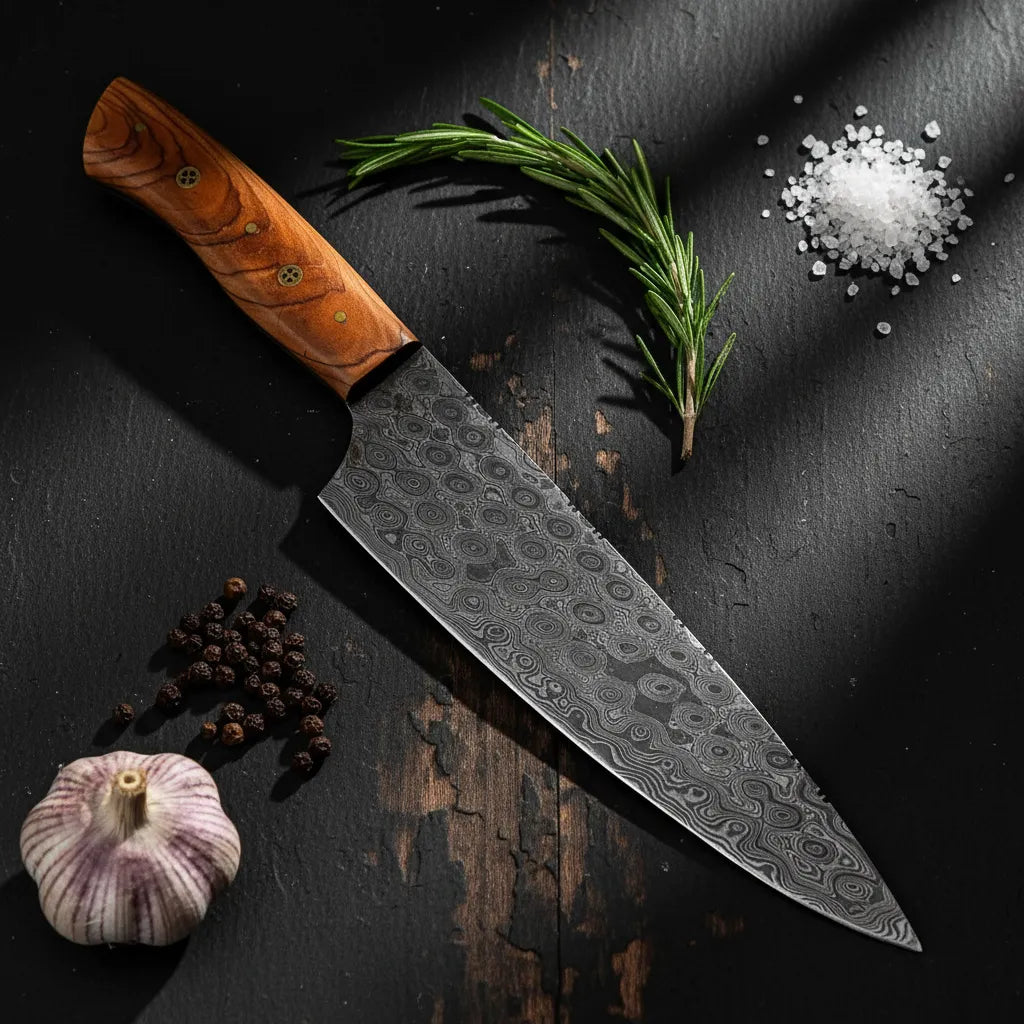 Premium 7 inch hand forged Damascus chef knife with garlic and rosemary – Damascus kitchen knife gift idea