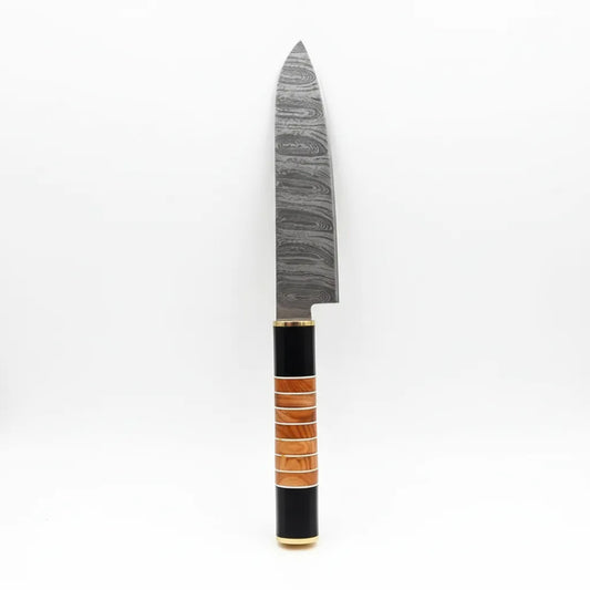 Damascus santoku knife 7.5 inch full tang kitchen knife with olive wood handle white background