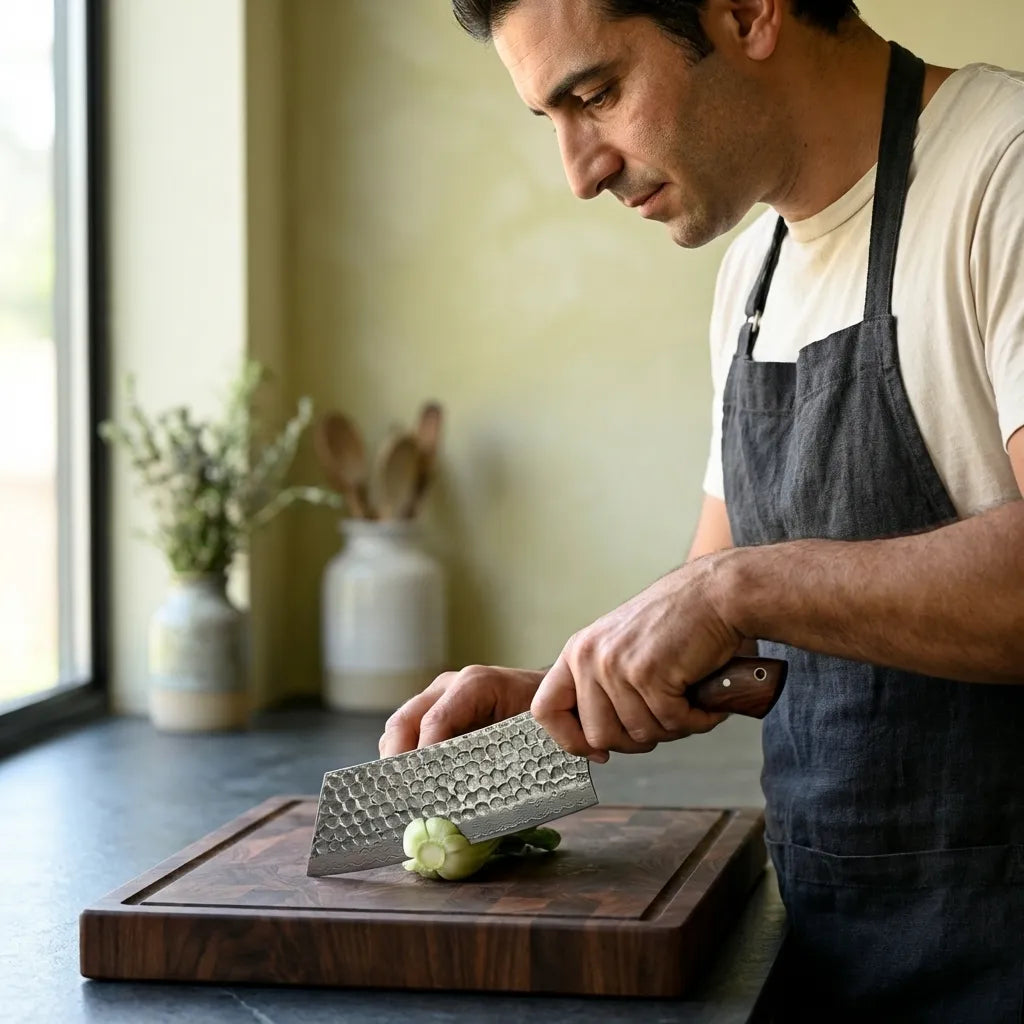 Home cook using Damascus meat cleaver on walnut cutting board – hand forged Damascus kitchen knife