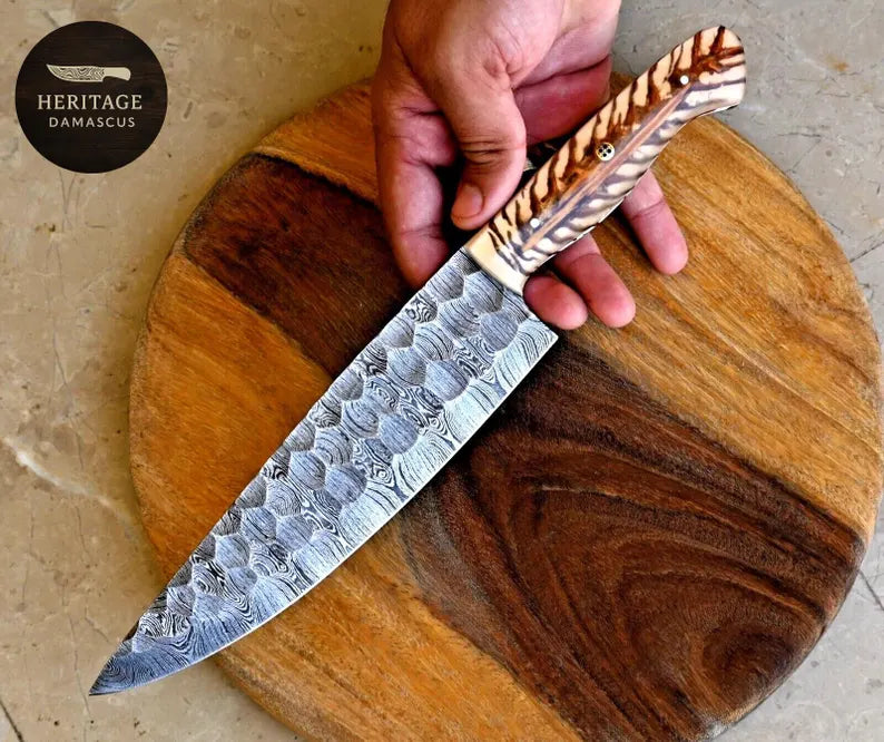Hand-Forged Damascus Skinner Knife with Pinecone Resin Handle