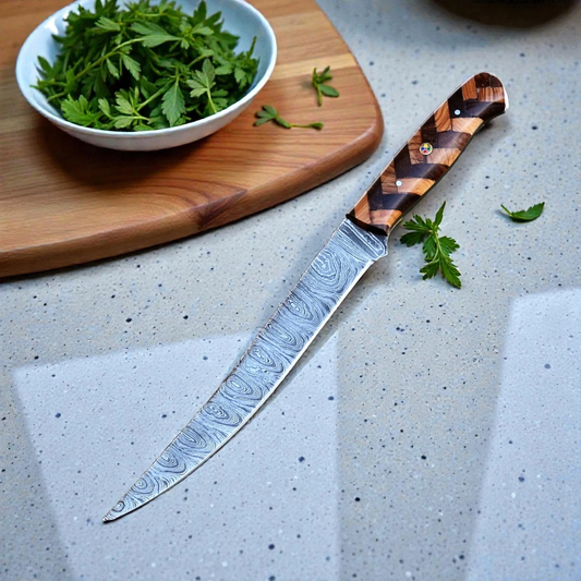 Handmade Damascus steel boning knife 7.5 inch with wood handle for fish fillet and meat prep